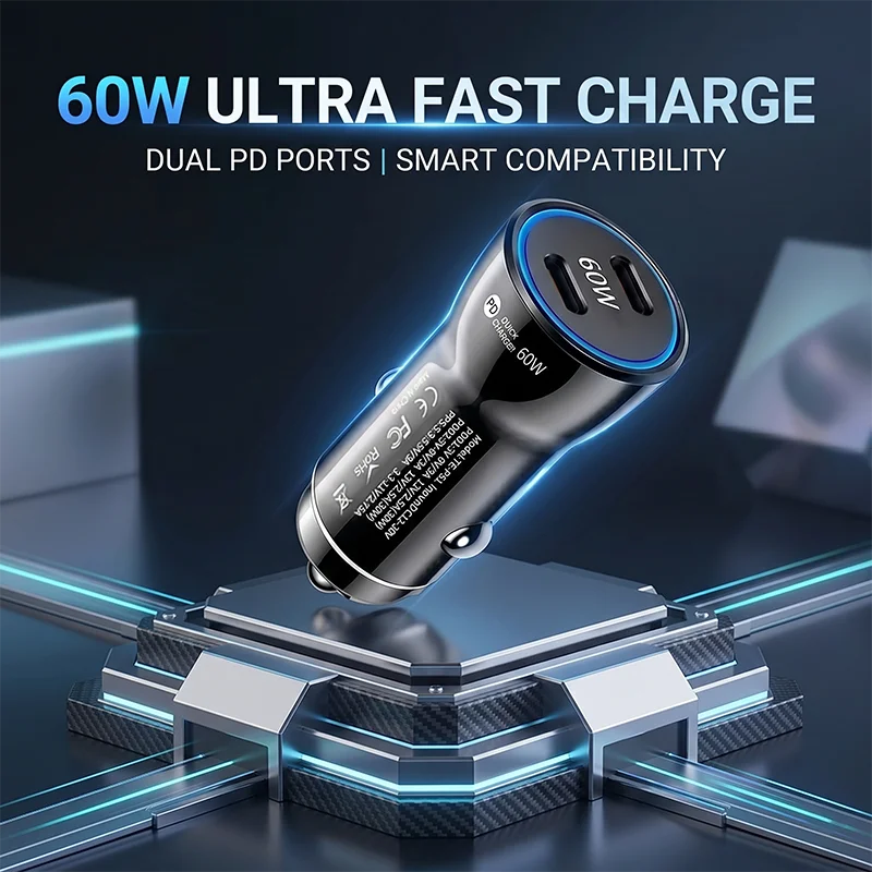 

60W Dual USB C Car Charger PD Fast Charging Power Adapter For Phone Tablet Dash Cam GPS Vehicle Plug Stable Shake-Proof Blue LED