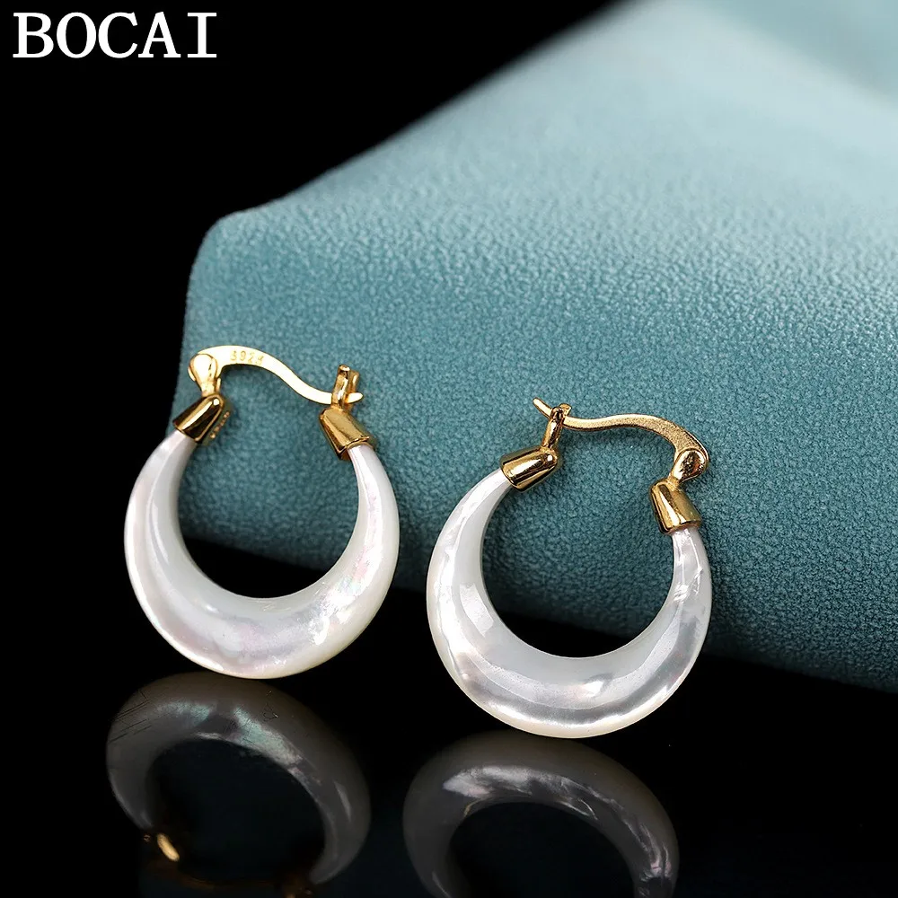 

BOCAI NEW S925 Silver Fashionable Temperament Gold-plated Shell Moon Earrings Women's Gift