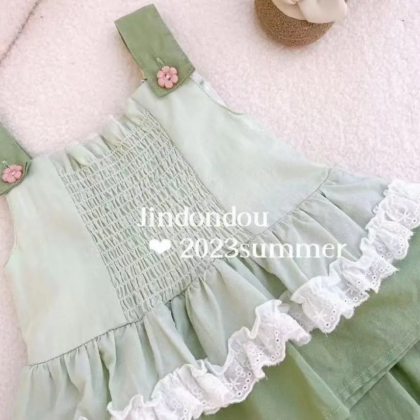 Girls\' Clothing Suit Summer Baby Children\'s Green Cute Cartoon Lace Suntop Vest Shorts Two-Piece Sets Toddle Kids Sweet Clothing