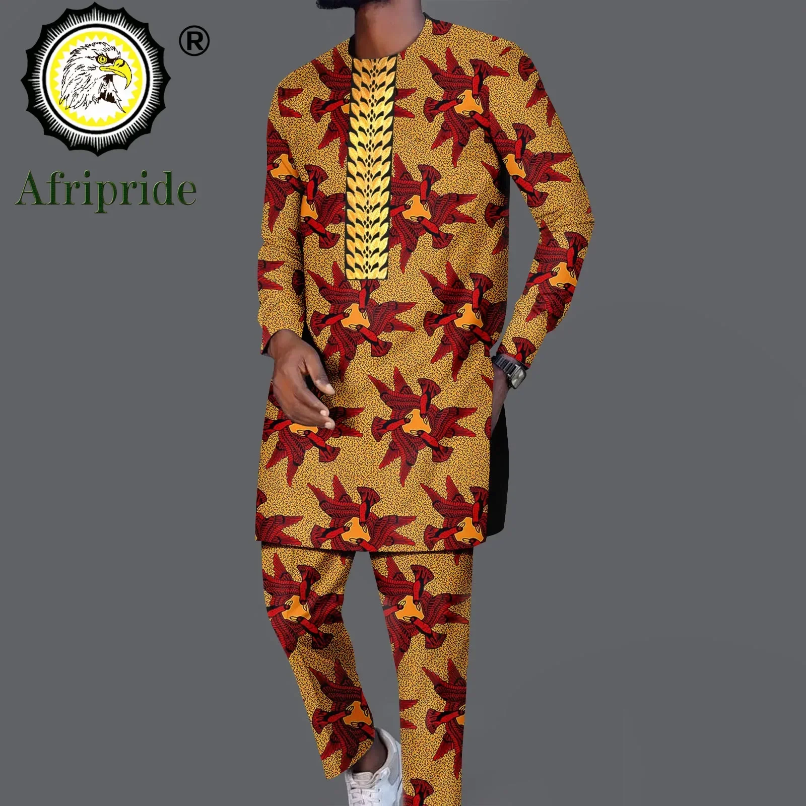 African Suits for Men Tracksuit Embroidery Long Sleeve Print Shirts and Pant 2 Piece Set Dashiki Outfits Plus Size A2316046