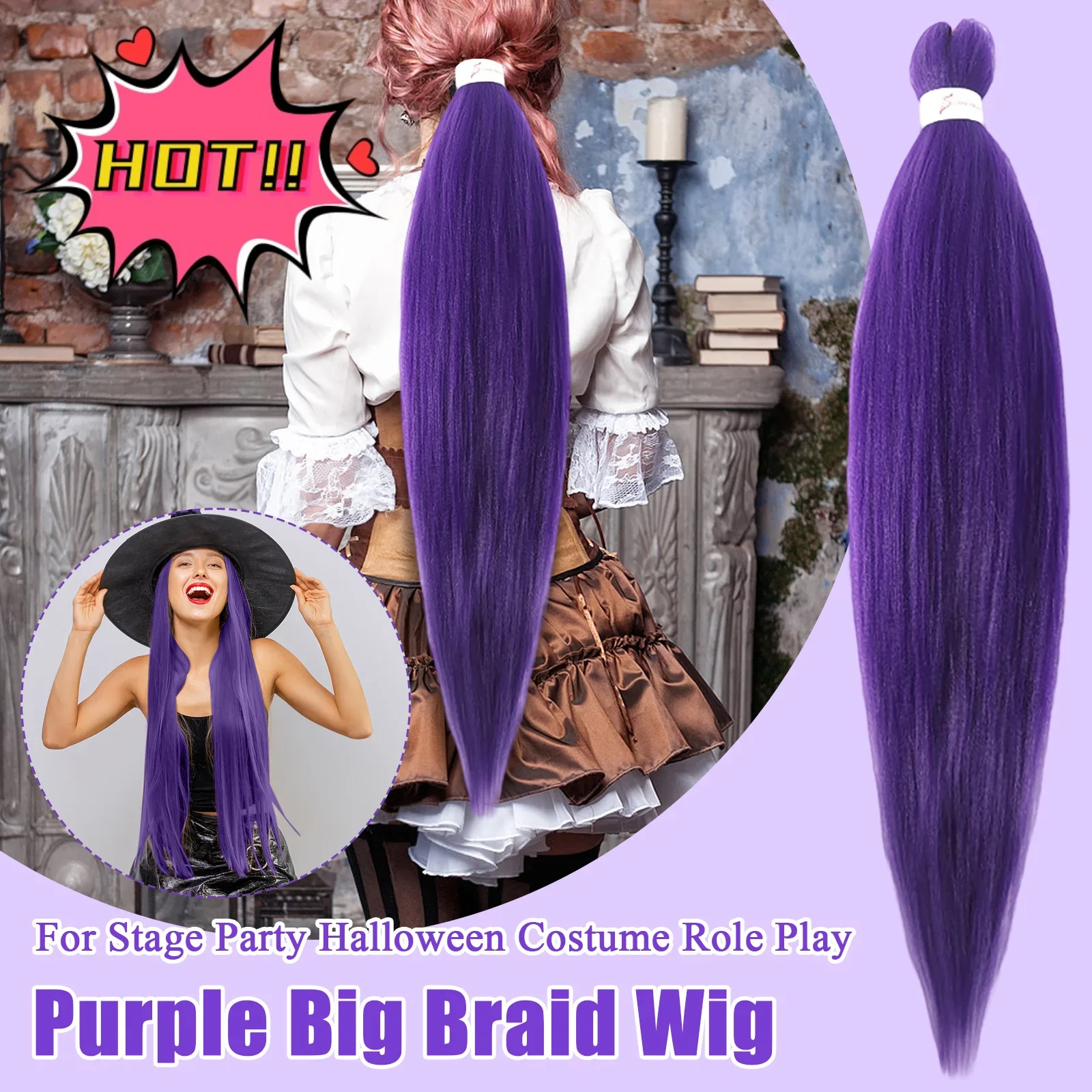 شعر تجديل ممتد مسبقًا باللون الأرجواني الطويل، شعر صناعي لضفائر صندوقية سهلة وسريعة، لون نابض بالحياة للحفلات التنكرية #3