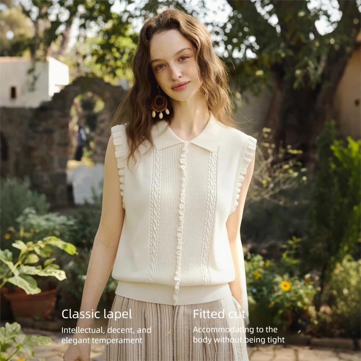 OLrain Office Lady Lapel Collar Sleeveless Thin Pullovers 2026 Summer Ruffle Trim Cuffs Cable Knit Texture Top Women O58XZ005222