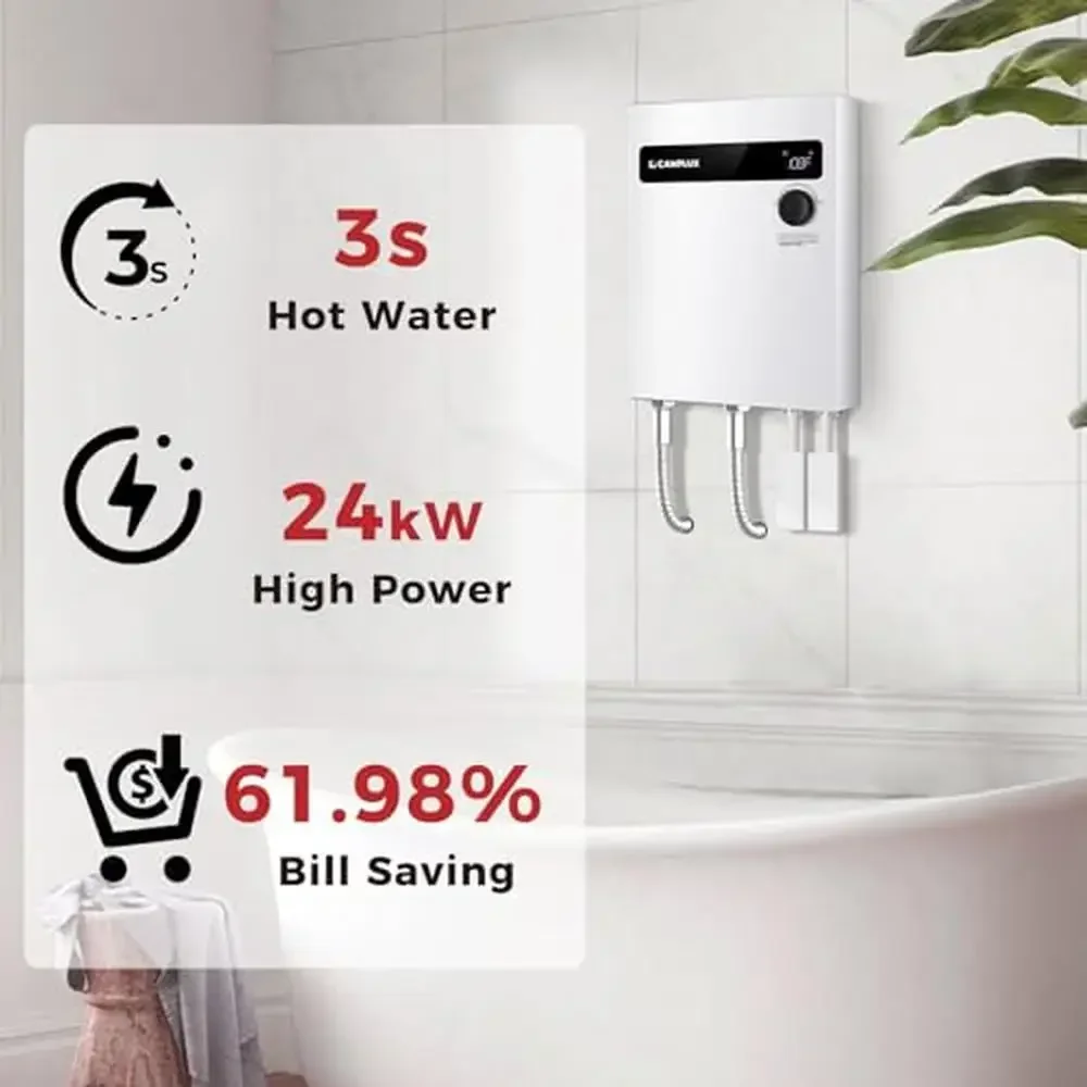 Tankless Electric Water Heater 24kW On Demand Instant Hot Water TEW24 with Digital Display Easy Installation Self-Modulating