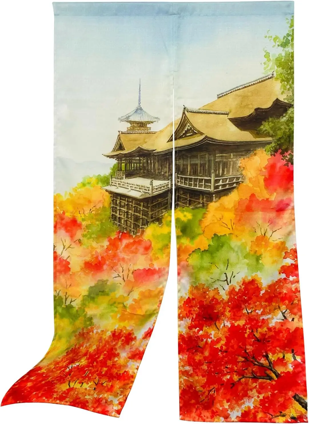 Autumn Maple Noren Curtain, Japanese Style Watercolor Temple & Maple Leaf Print For Home & Cafe, Elegant Oriental Room Divider