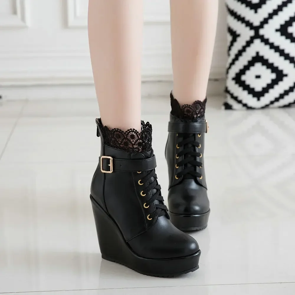 Size 34-43 Winter Buckle Super High Wedges Platform Ankle Boots for Women Lace Up White Black High Heel Ladies Shoes Bootie