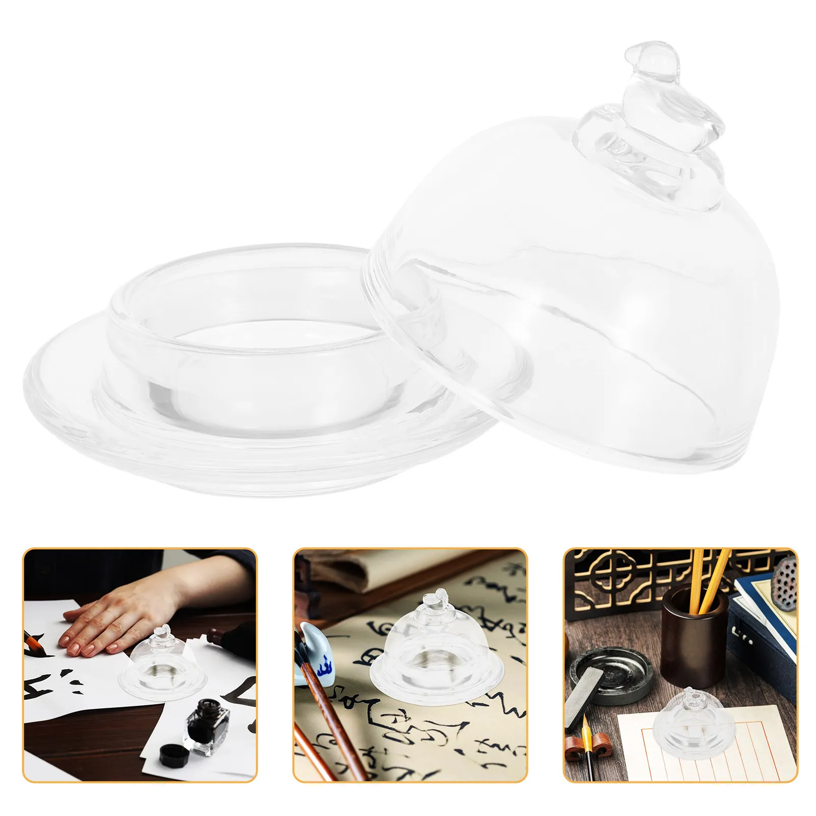 Transparent Ink Holder Dome Lid Clear Glass Ink Dish Calligraphy Sumi Bowl Small Round Plate Traditional Chinese Japanese
