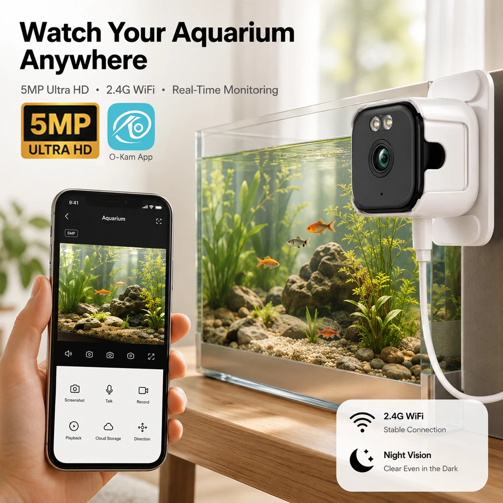 

Mini 5MP Fish Tank Pet Window Camera WiFi Remote Monitoring Full Color Night Vision Two-Way Audio Aquarium Reptiles Small Pets