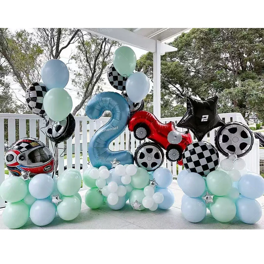 94-teiliges Rennwagen-Themen-Ballonset Reifen-Helm-Folienballon Blaue Zahlen Kinder Jungen Geburtstag Autos Party Dekoration Baby-Shower Geschenk
