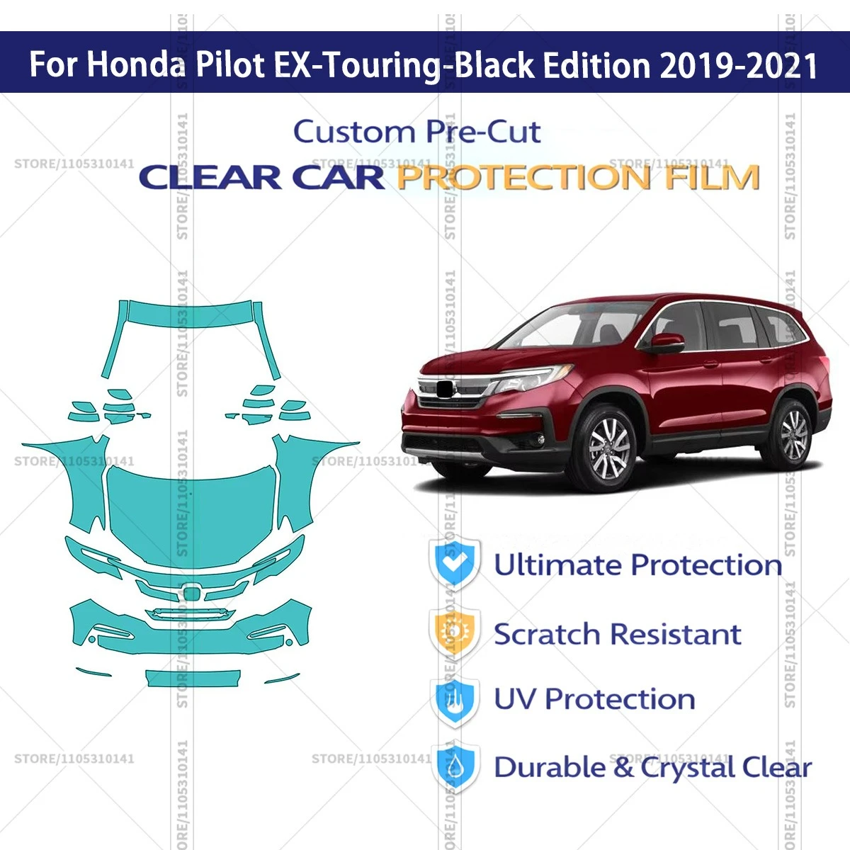 For Honda Pilot EX-Touring-Black Edition 2019-2021 Pre-Cut Paint Protection Film PPF Transparent Car Film Automotive PPF