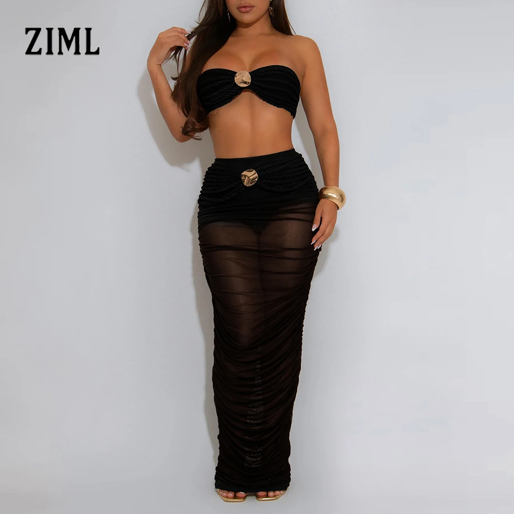 

ZIML однотонный металлический тонкий женский комплект из двух предметов, осенний короткий жилет без бретелек сзади, длинные юбки с высокой талией, шикарный женский комплект