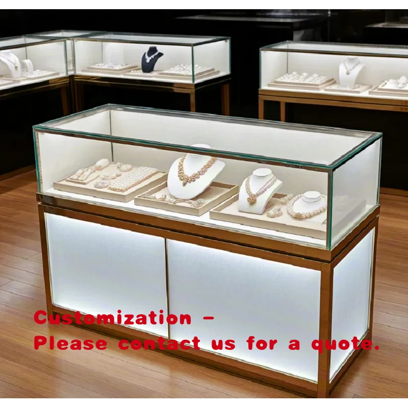 custom.Premium Jewelry Island Display White Lacquer Gold Stainless Steel Jewelry Organizer Lockable Storage Luxury Retail Mall L