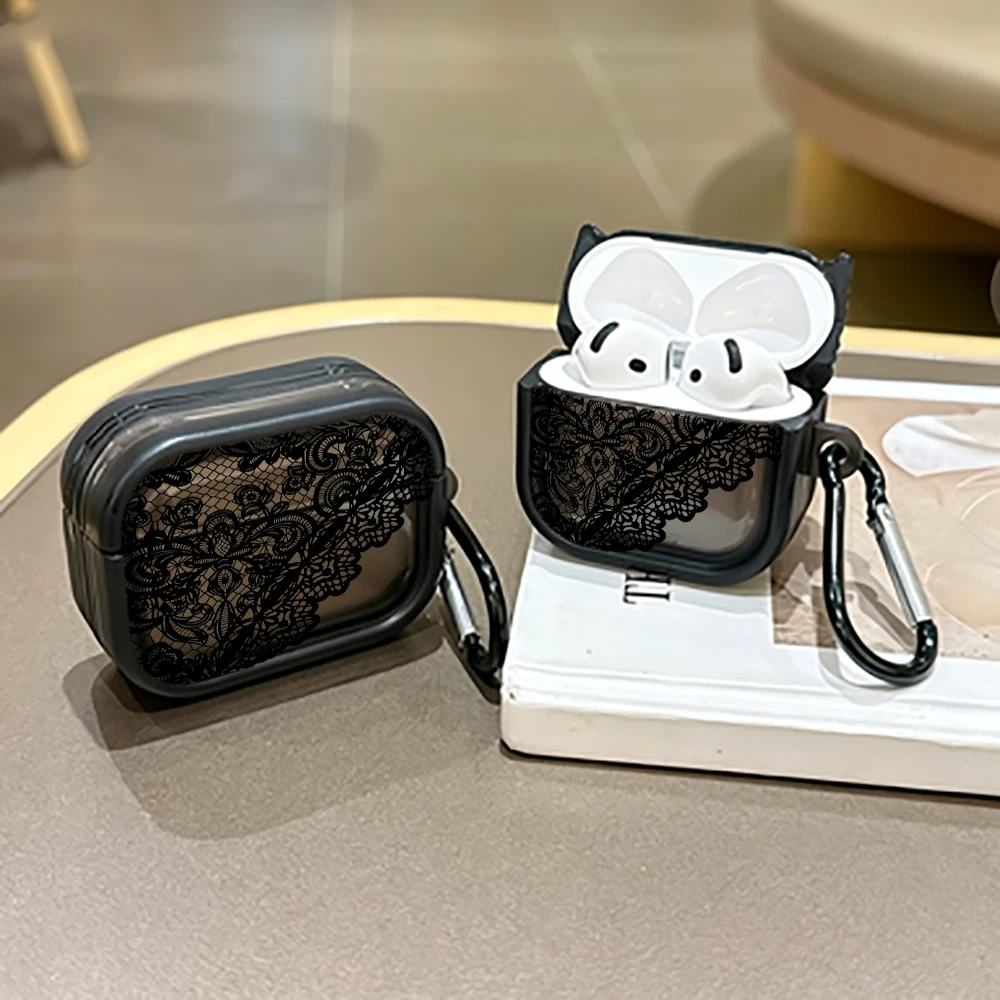 Elegant Black Lace Protective Case for AirPods Pro 3/Pro 2/Pro Earbuds Case For AirPods 4/3/2/1 TPU Shockproof  Earphone Cover