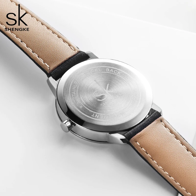 Shengke High-End Full Stainless Steel Women\'s Watches Simple Leather Strap Woman Quartz Wristwatcehs Original Design Lady Clock