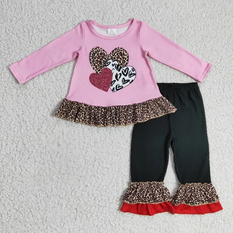 

New rts Infant Girls Valentine's Day Pink Suit Wholesale Boutique Love Pattern Print Long Sleeve Long Sleeve Suit