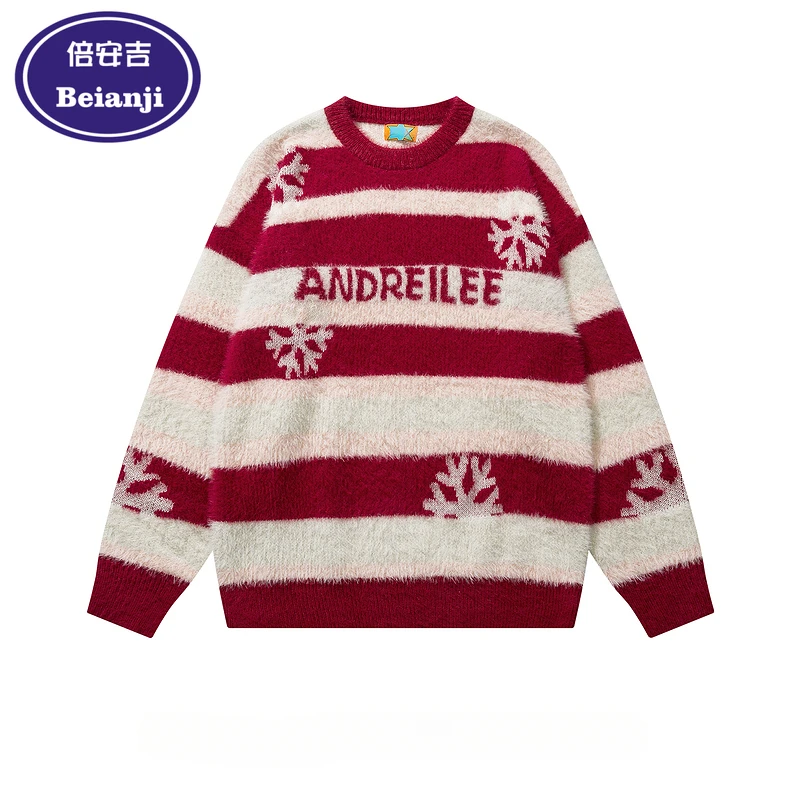 Beianji Snowflake Christmas Sweater fashion brand American High Street men's winter soft waxy lazy striped red pullover sweater