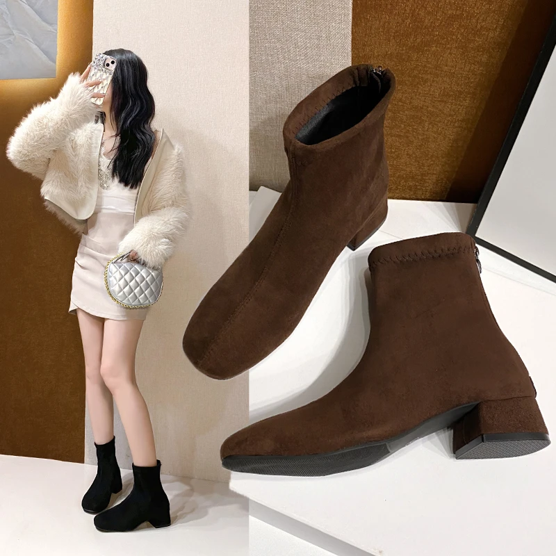 2025 Autumn Winter Suede Women Back Zip Ankle Boots Fashion Square Heel Ladies Elegant Low Heels Short Booties Women's Footwear