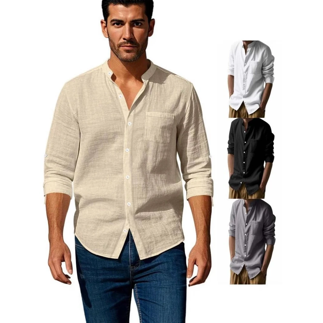 

Casual Men's Long Sleeve Shirt Breathable Stand Collar Spring Autumn New Style Chinese Style Pocket Shirt Cotton Linen Material