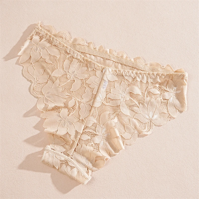 FINETOO 2 Stück Damen-Unterwäsche aus Satin mit Blumenspitze, sexy, aushöhlen, Höschen, solide, niedrige Taille, perspektivische Slips, Mädchen, weiche Dessous – Detail 15