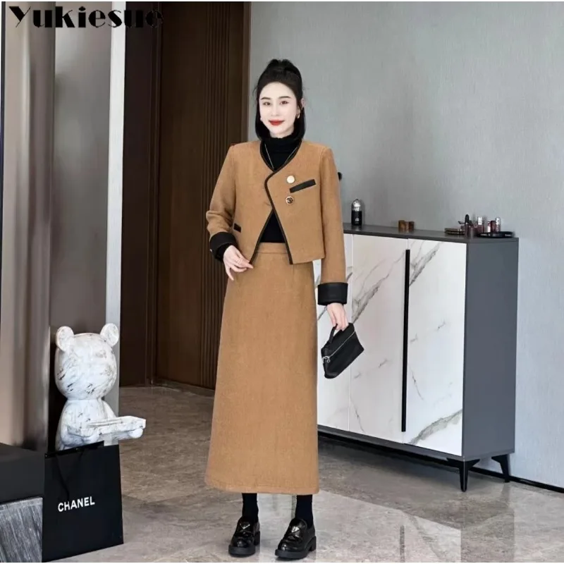 Korean Elegant Womens Autumn Winter Design Advanced sense Thicken Lady Jacket Dress Girls Set Suit Skirt Two-piece Set Versatile