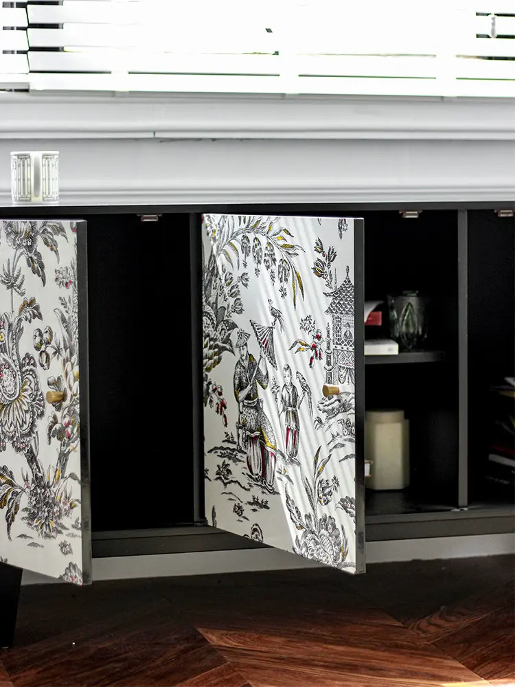 Medieval French side cabinet, cream black and white