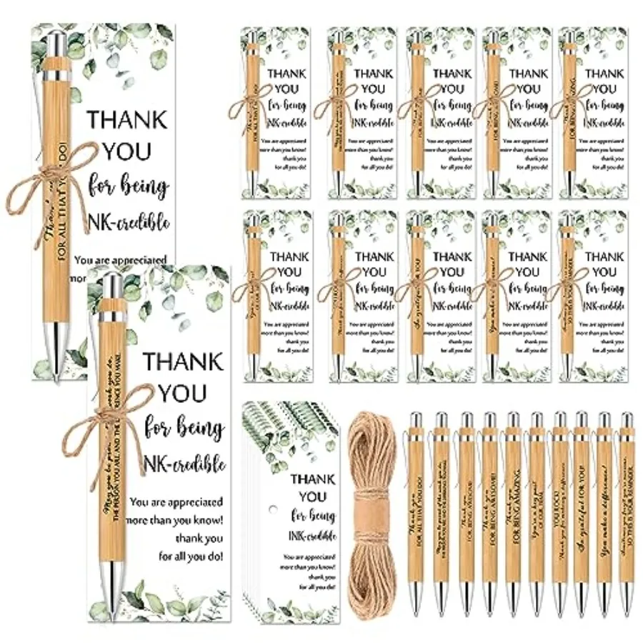 

Набор подарков для сотрудников: деревянные бамбуковые ручки с надписью «Будь гордым» и шариковая ручка «Спасибо».