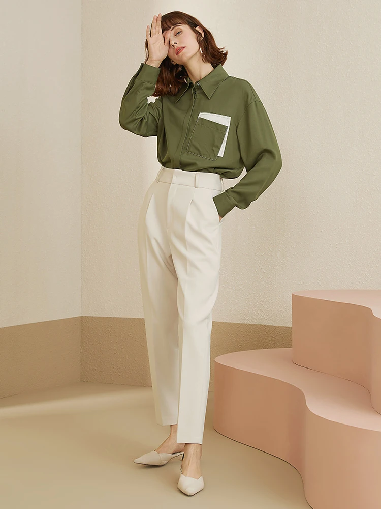 Fsle senhora do escritório branco calças casuais streetwear cintura alta mulheres calças cortadas elegante outono calças de inverno inferior
