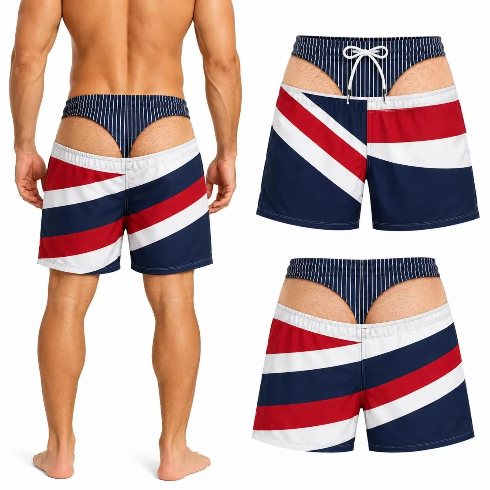 Men Novelty Gag Swim Trunks Fake Back Thong Illusion Print Groom Tuxedo Pattern Bachelor Party Beach Shorts
