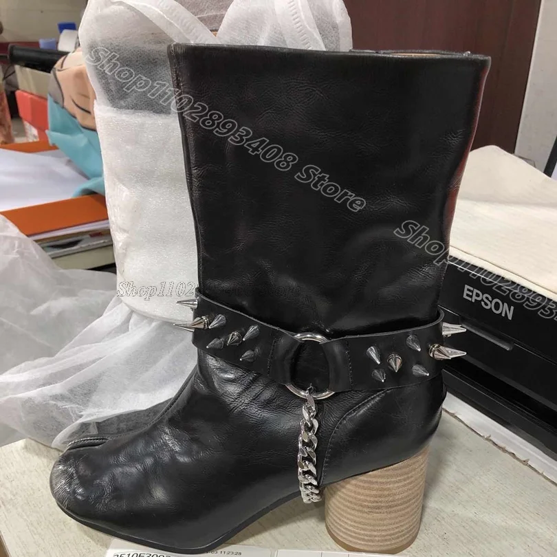 

Black Split Toe Rivet Chain Boots Chunky Heels Spring Party Casual Design for Sexy Casual Women Boots 2025 Zapatos Para Mujere