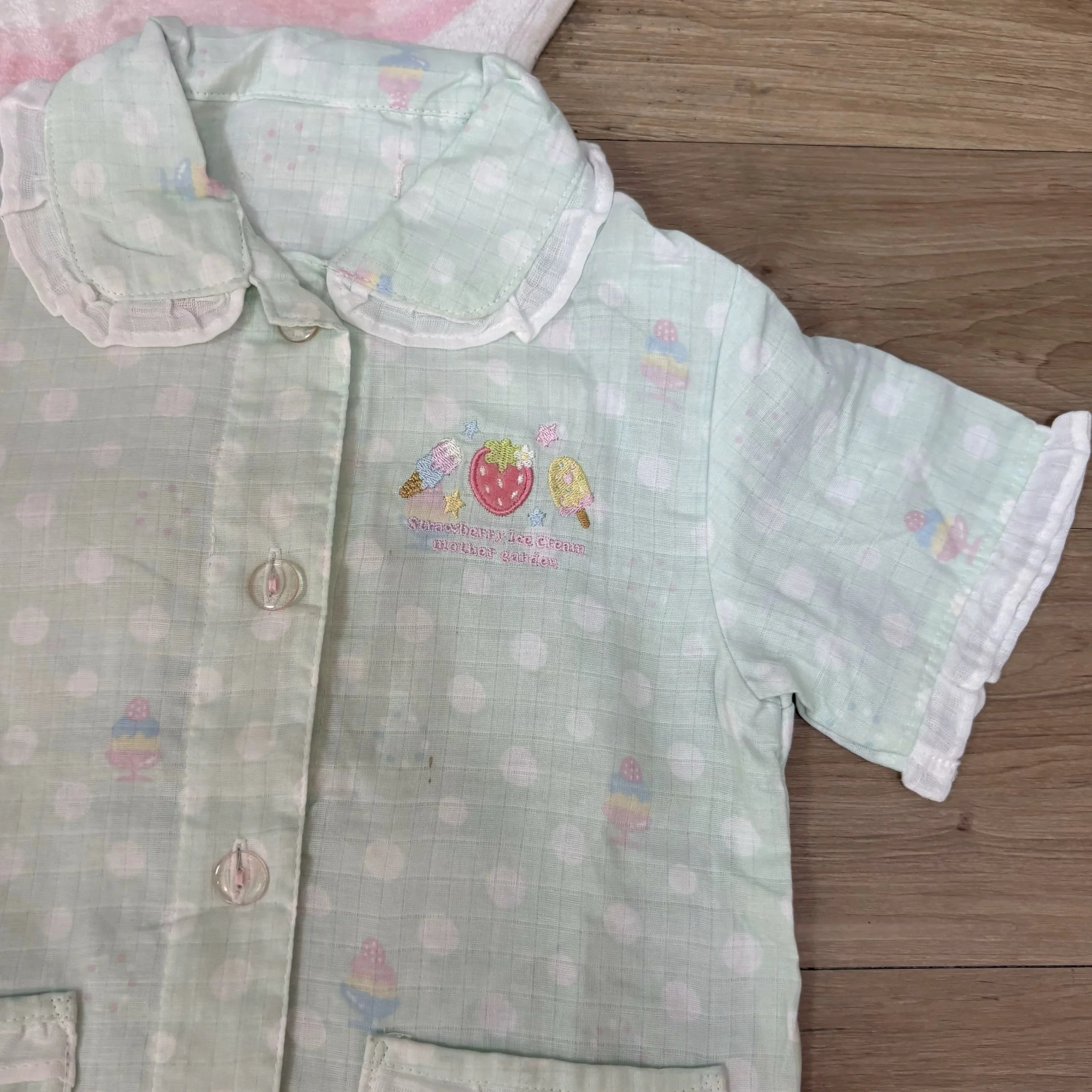 Japanese Original Strawberry Print Green Polka Dot Loungewear Sweet Cute Girls  Short-sleeved Trousers Pajamas Two-piece Set