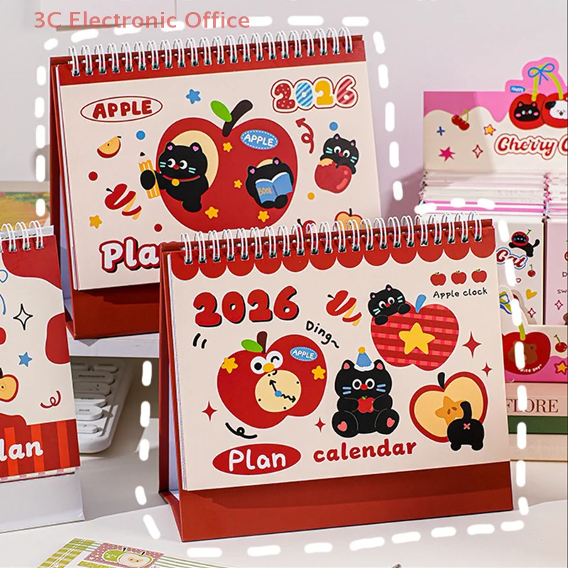 2026 Apple Kitten Calendário de mesa de desenho animado Planejador Decoração de mesa Organizador de papelaria escolar de escritório
