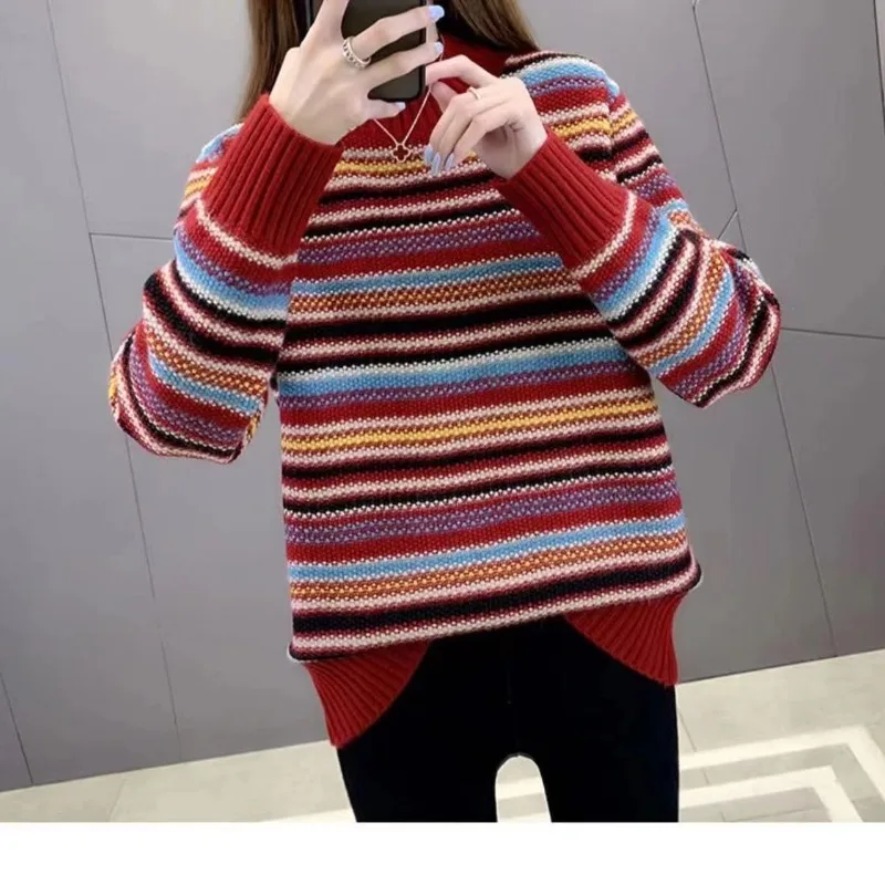 Autumn and Winter Women's Stripe Contrast Color Half High Korean Long Sleeve Loose Sweaters Jumpers Cotton Fashion Casual Tops