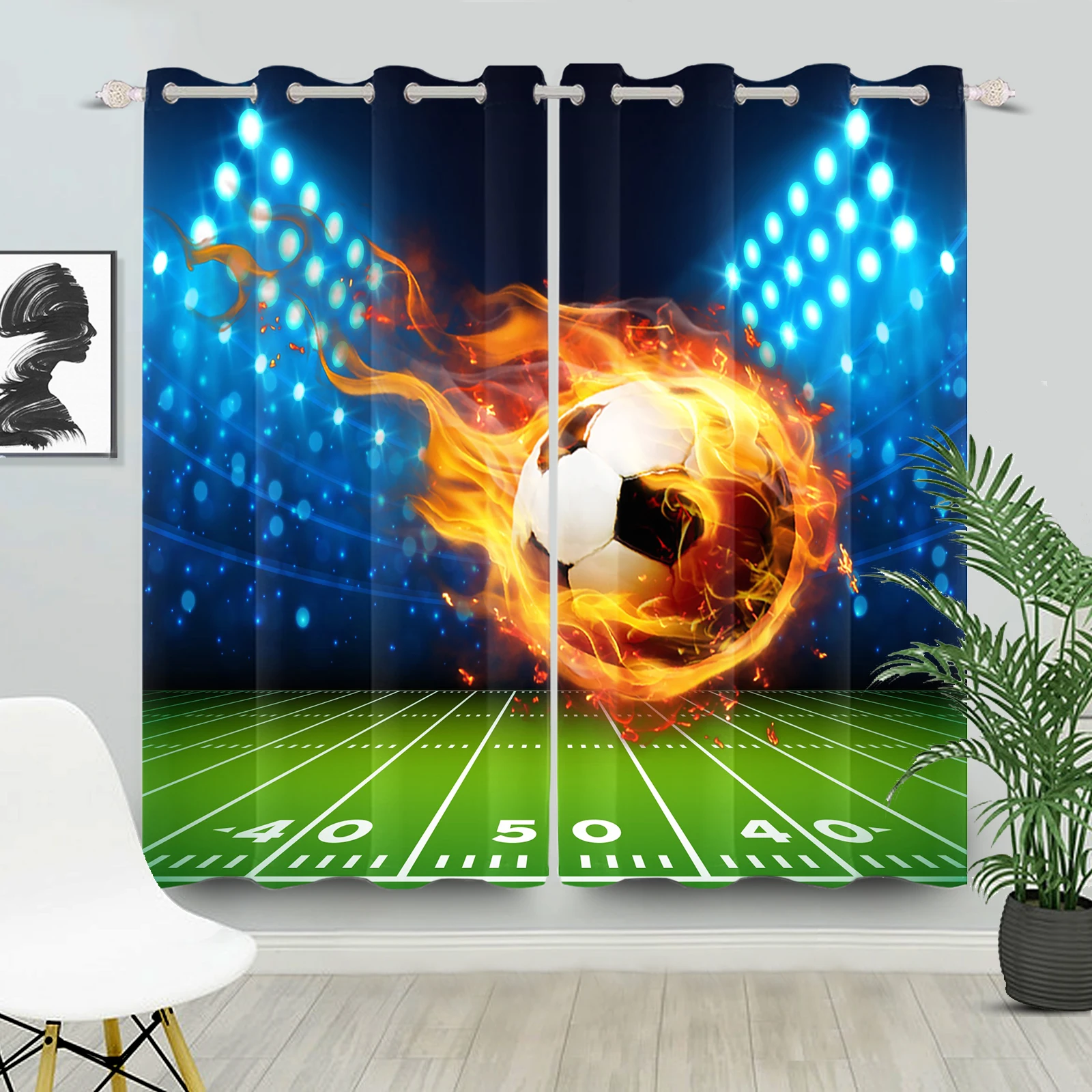 Football Soccer Theme Blackout Curtains Modern Sporty Design 2 Pcs Curtain for Bedroom Thermal Insulated Room Darkening Drapes