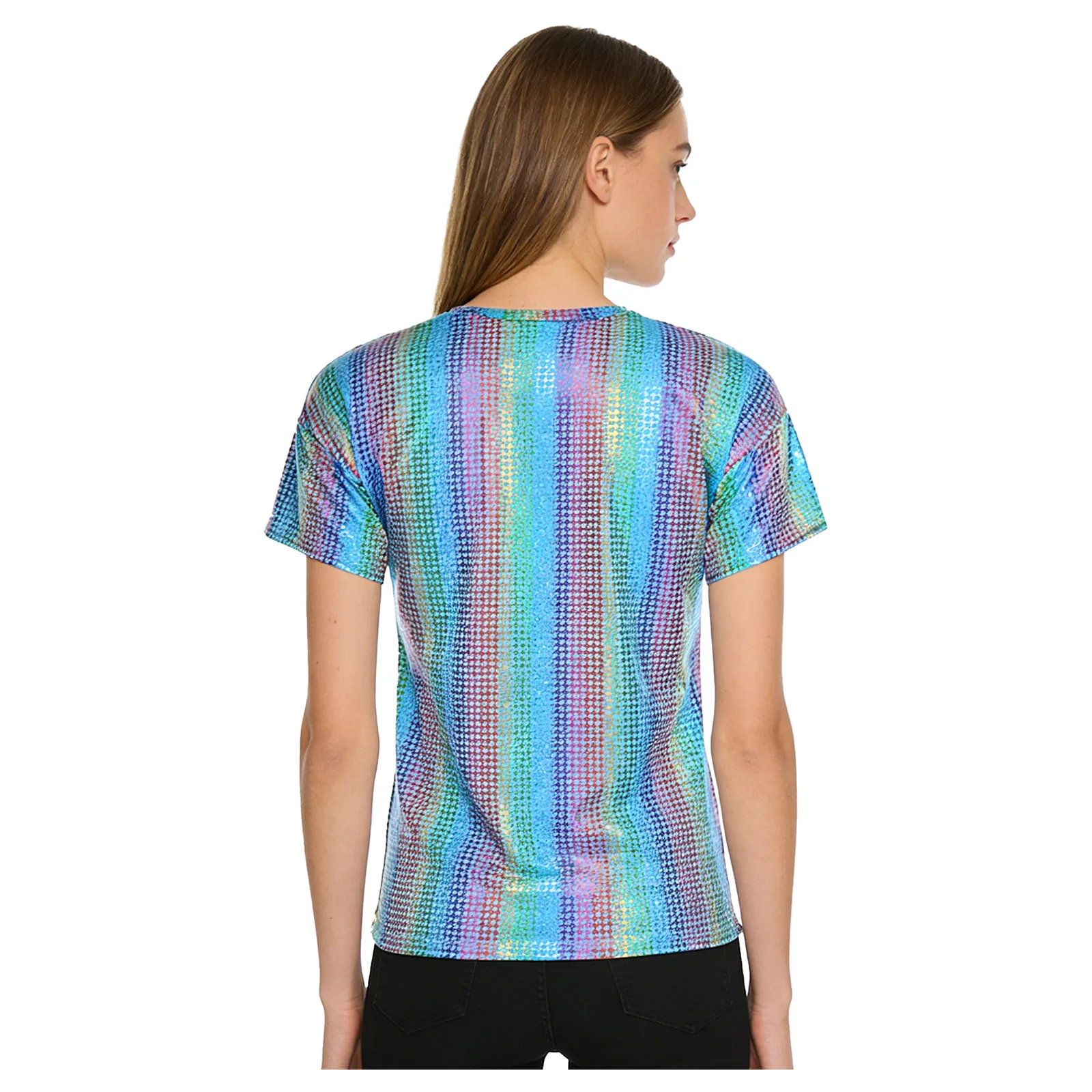 Womens Mens  80s disco Holographic Plaid T-shirt Tops Short Sleeve Pullover Iridescent Metallic Tops for 80s Disco Jazz Dance