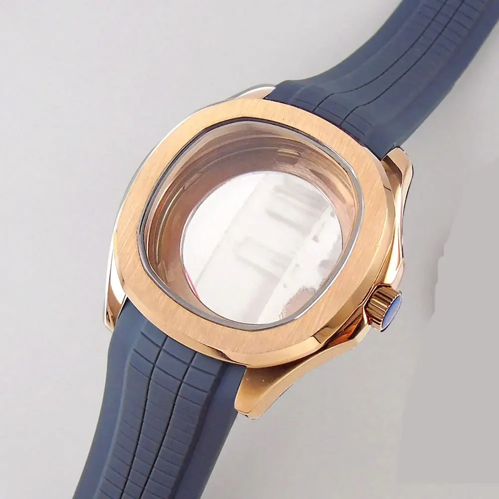 NH35 Case Rose Gold Stainless Steel Case Rubber Strap Glass Back Watch Accessories for AQUANAUT NH36 Movement Replacements
