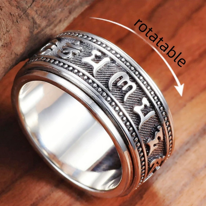 Trendy 925 Silver Ring For Men Jewelry Retro Buddhist Six-Character Great Mantra Ring Male Female Amulet  Finger Accessories