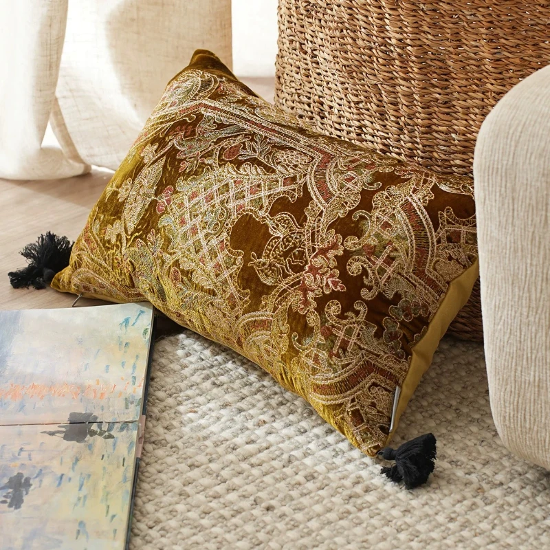 

Vintage Persian Tassel Throw Pillow,Gold Fringe Lumbar Cushion for Sofa,Breathable Square Backrest for room,Aesthetic Home Decor