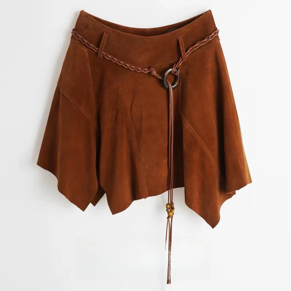 American Style  Retro Hottie Girl Lrregular Leather Skirt Fashion  Genuine Suede Real Leather Mini Belt Lambskin With Women