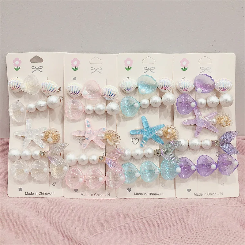5pcs Starfish Colorful Shell Pearl Hair Clip for Women Sweet Cute Duckbill Clip Fashion Girl Hairpin Hair Accessories
