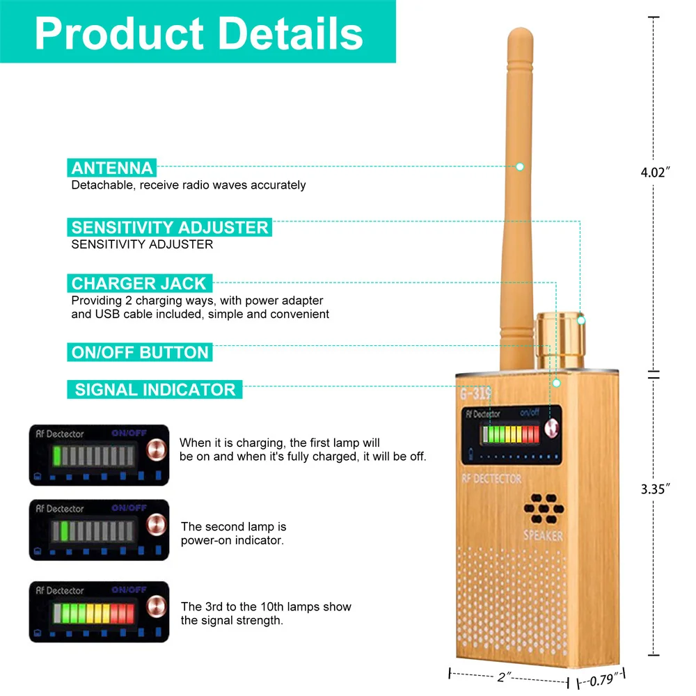 G319 Détecteur de caméra cachée multifonction, Bug Spy-Camera, 101 Finder, Lentille de signal GPS, Localisateur RF, Traqueur, Poignées Ets, Scanner sans fil