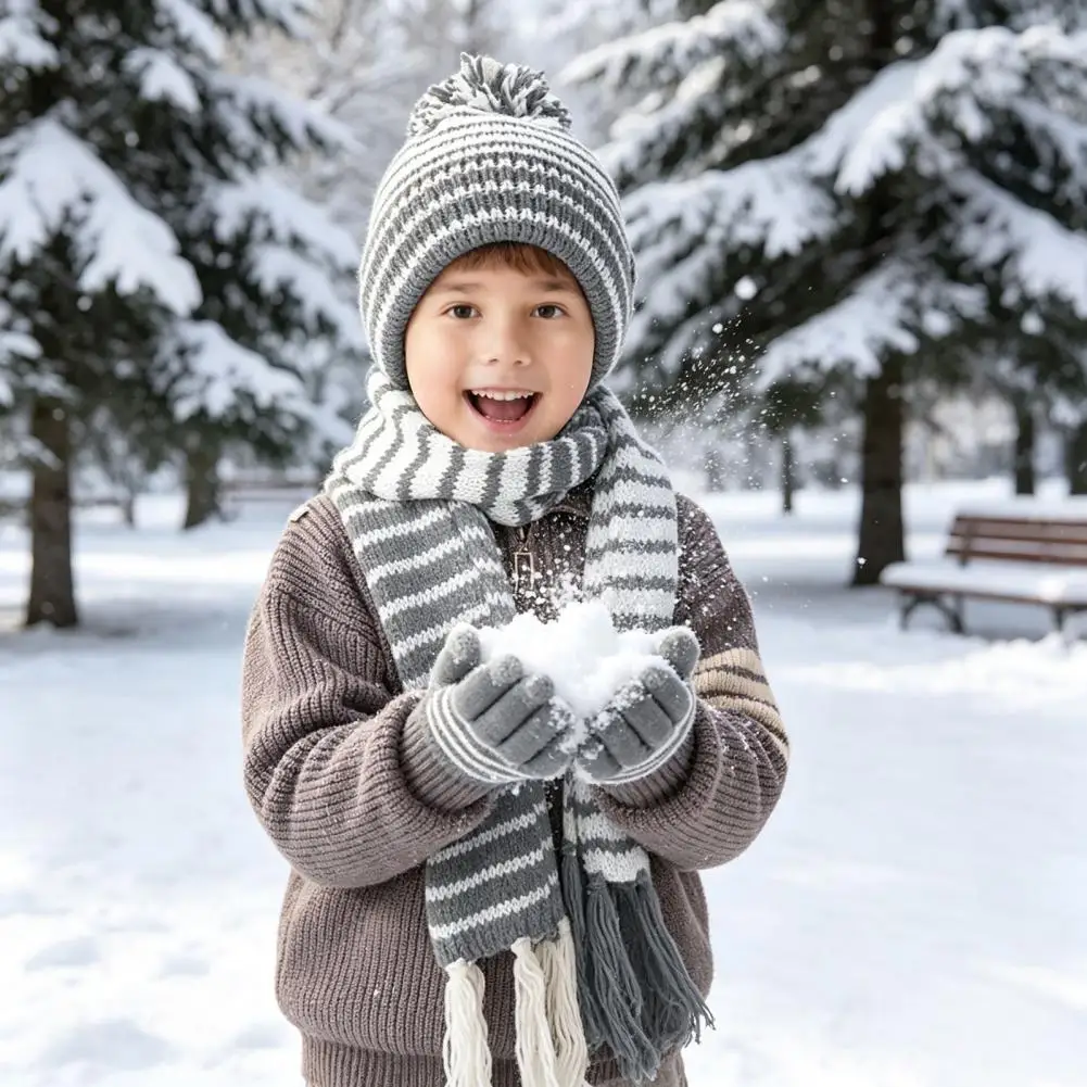 Boys Girls Fleece Lined Hat Kids Winter Hat Scarf Gloves Set Fleece Lined Striped Knit Pom Pom Cozy Toddler for Boys for Kids