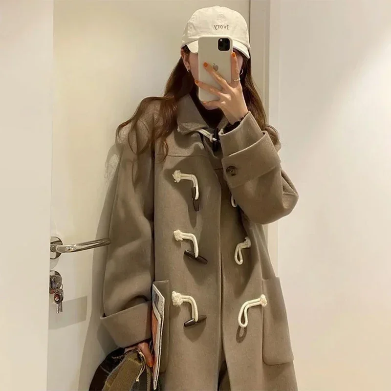 

College Style Japanese Lovely Woolen Coat Medium Length Horn Buckle Student Coat Camel Winter Coat Autumn Winter New