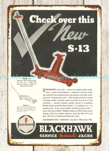 1937 Blackhawk Service Hydraulic Jacks tools manufacture maintenance metal tin