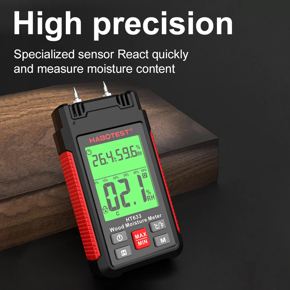 HABOTEST HT633 Digital Wood Moisture Meter Professional 0~57% Timber Hygrometer Portable Tool LCD Display Timber Damp Detector