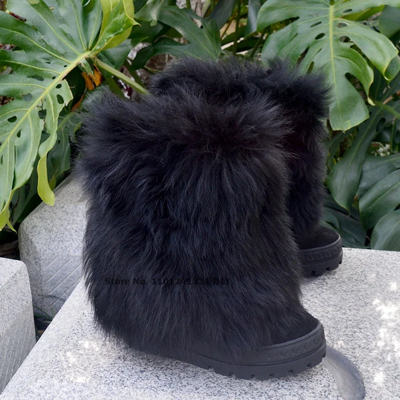 Women 10cm Wedge Heeled Winter Black Fur Inside Boots Gladiator Black Leather Snowboots Warm Shoes