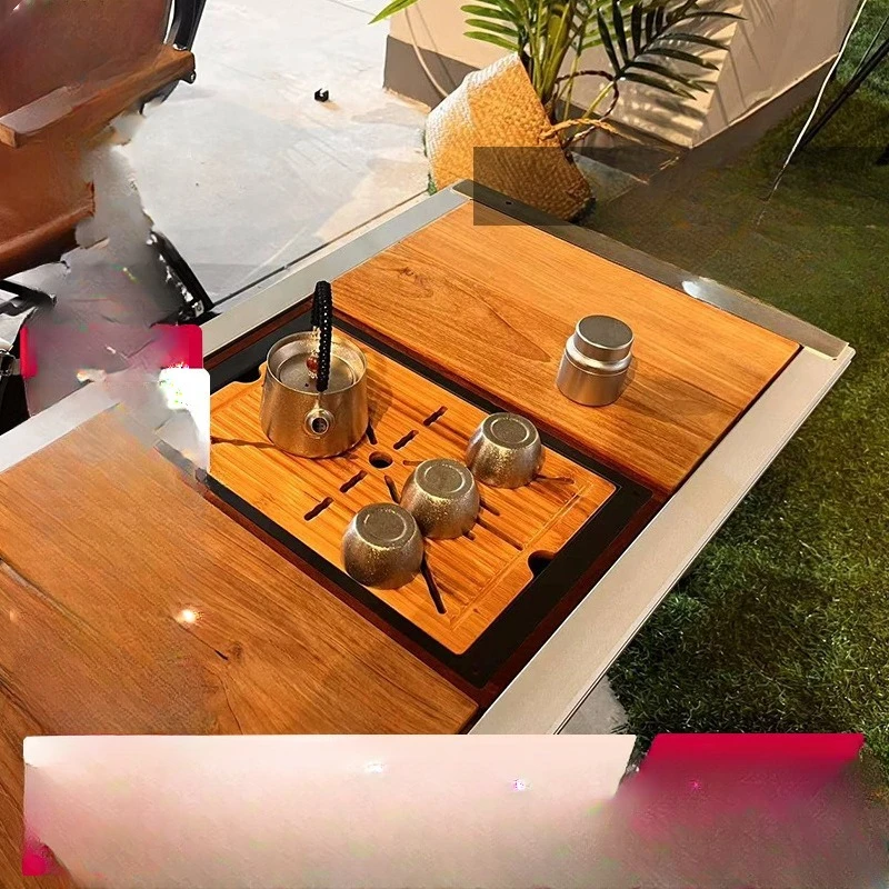 Outdoor picnic camping folding teak table 304 stainless steel frame table combination