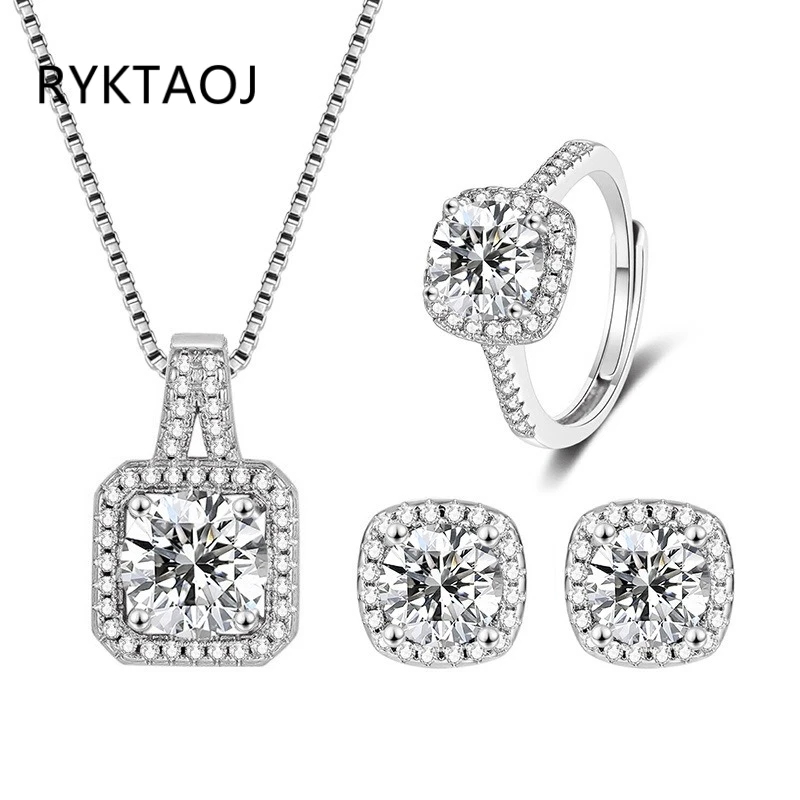 925 Sterling Silver Cushion Halo CZ 3Pcs Jewelry Set for Women Pendant Necklace Ring Stud Earrings Wedding Fine Jewelry Gift