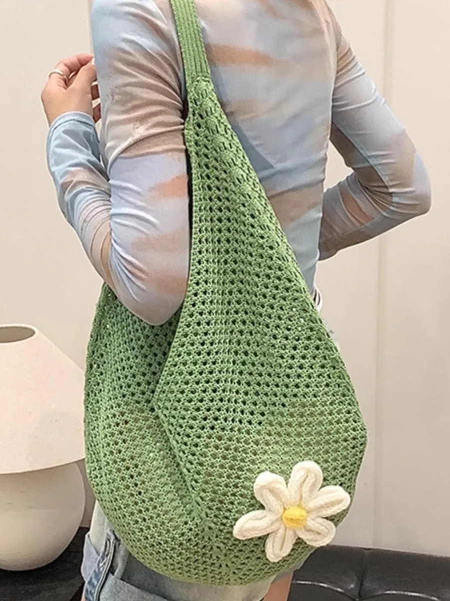 Nowa ażurowa torba plażowa w kwiaty, codzienna torba typu tote o dużej pojemności, torba crossbody, tkana torba młodzieżowa na jedno ramię, torba na co dzień.