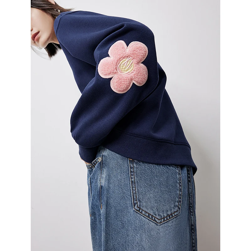 TOYOUTH Women Hoodie 2024 Autumn New Flower Patchwork Sleeve Round Neck Casual Pullover Sweatshirt Tops