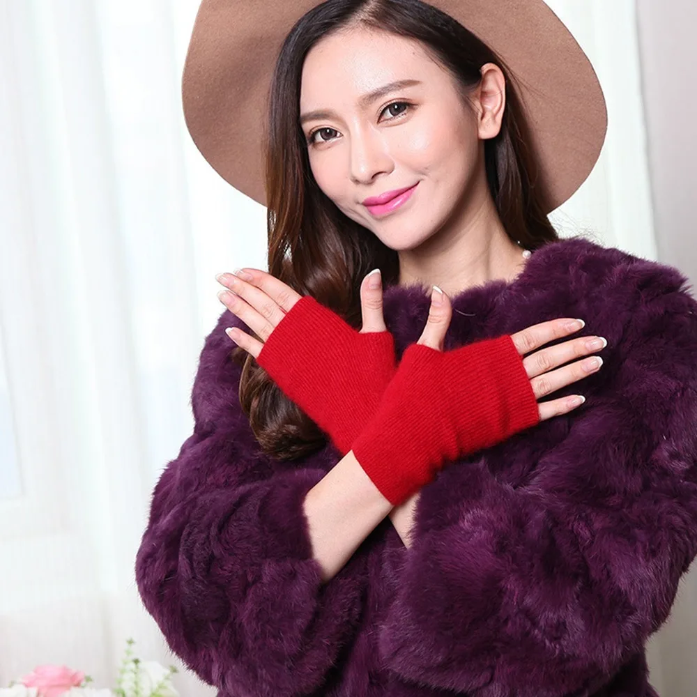 

Mink Cashmere Autumn Winter Gloves Fingerless Warm Racoon Wool Mitten Wrist Length Thumb Hole Mitts Apparel Accessories