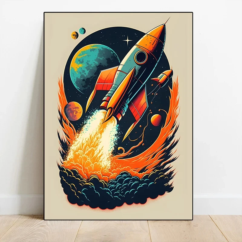 Retro Space Rocket Launch Spacecraft Cosmos Posters and Prints Canvas Printing Wall Art Picture for Living Room Home Decor Gifts
